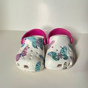 CROCS Pink and White Sandals with Floral Accents